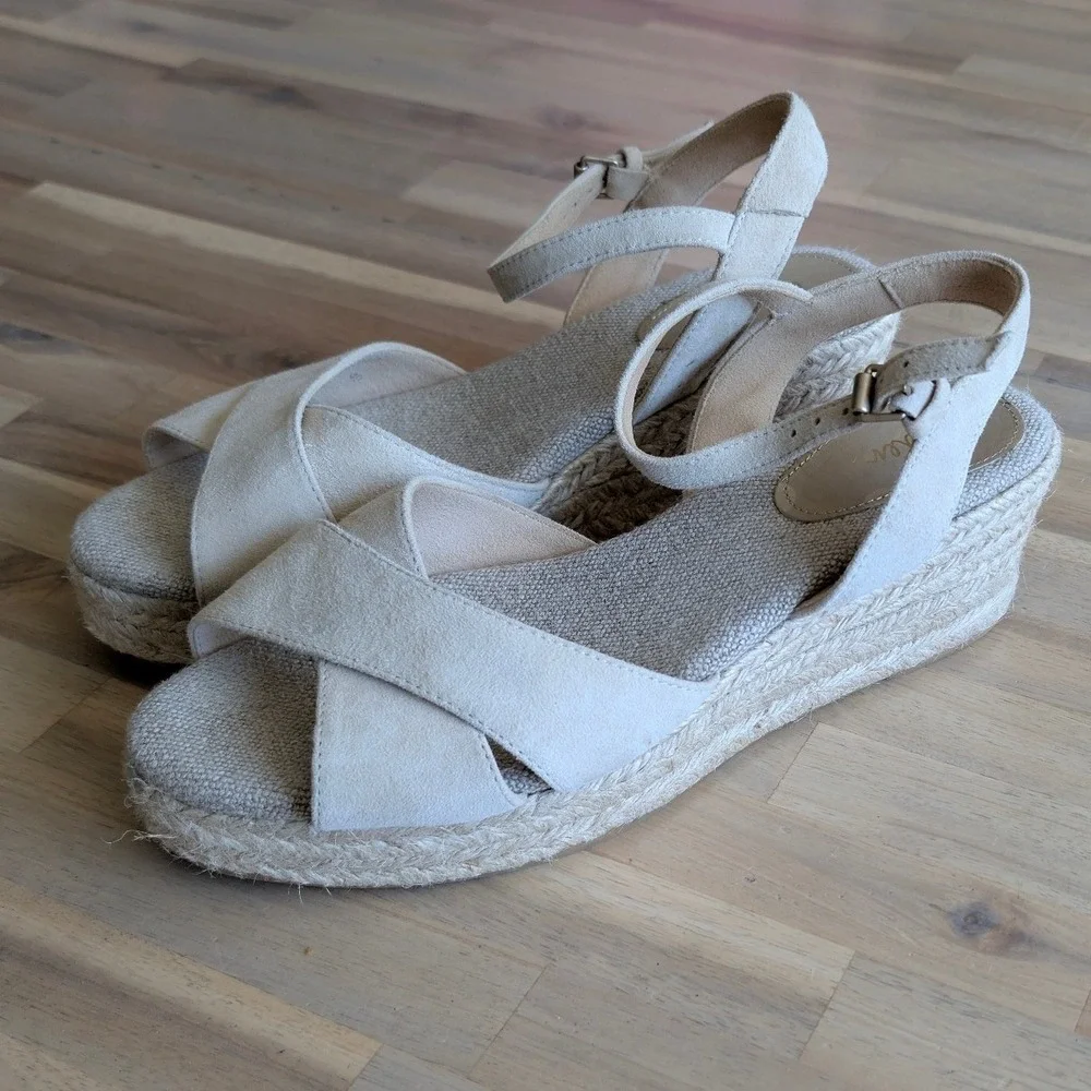 Boden Suede Espadrille Wedge Sandals Beige Platform Ankle Strap Size 40‎ (US 9)